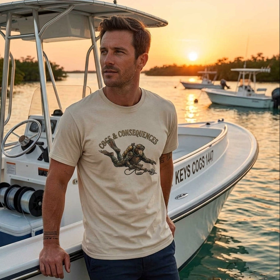 A man wearing a beige graphic t-shirt and dark blue pants stands on the deck of a white boat at sunset. The t-shirt features a black graphic of a scuba diver with the text 'COFFEE & CONSEQUENCES'.