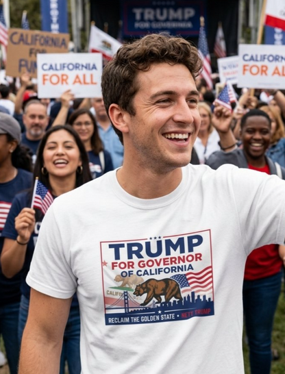 A smiling man in a crowd wearing a white T-shirt with a prominent political graphic that reads 'TRUMP FOR GOVERNOR OF CALIFORNIA' with a bear and American flag design. People and signs are visible in the background at an outdoor rally.